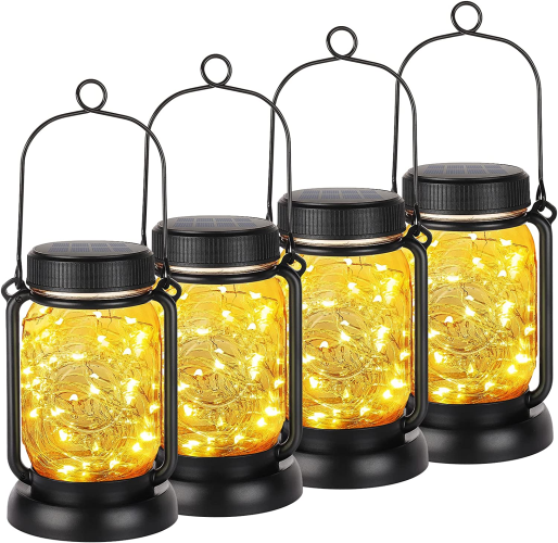 4 Pack Solar Hanging Mason Jar Lights with Stakes